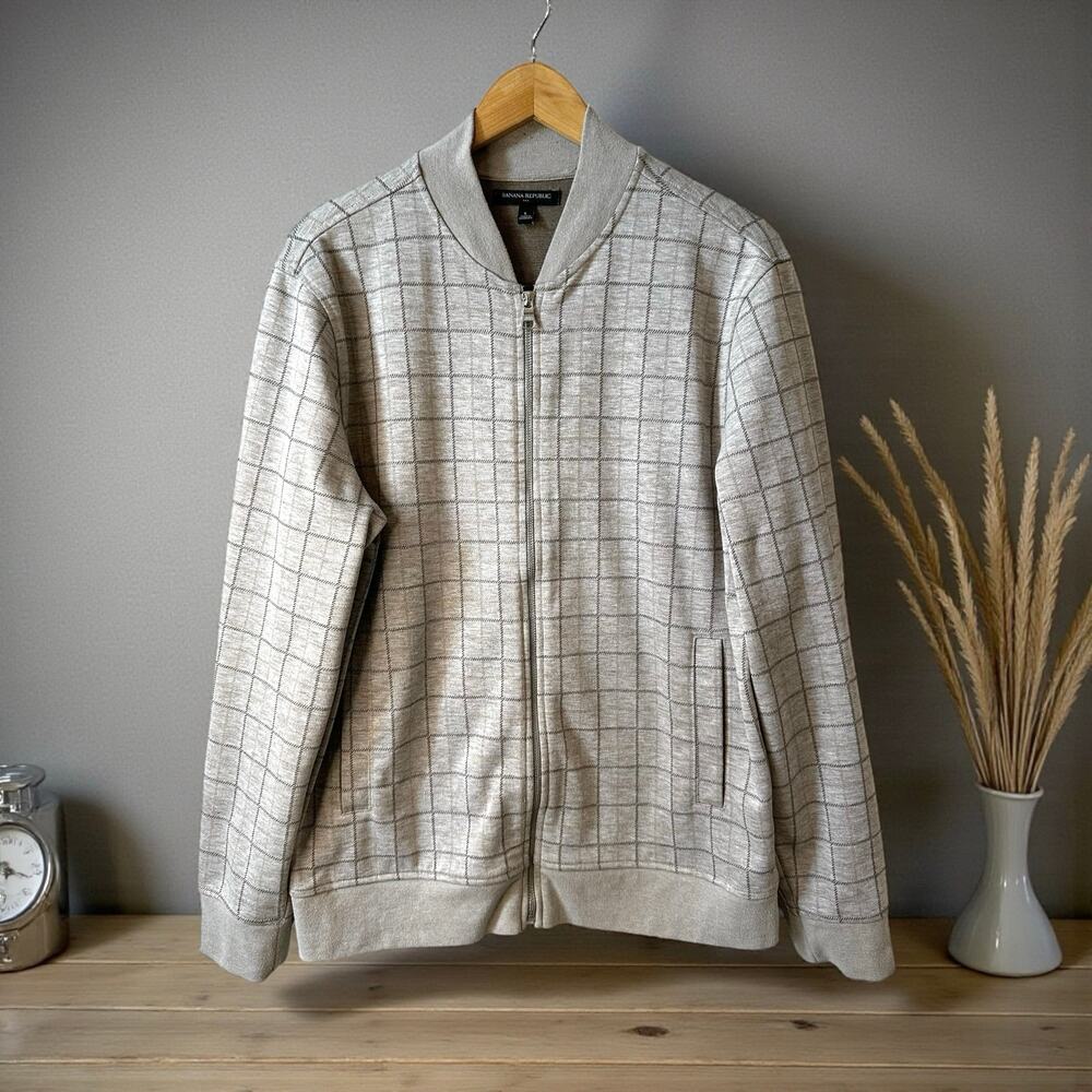 Banana Republic Mens Check Print Zip Front Light Bomber Jacket Tan Gray Large